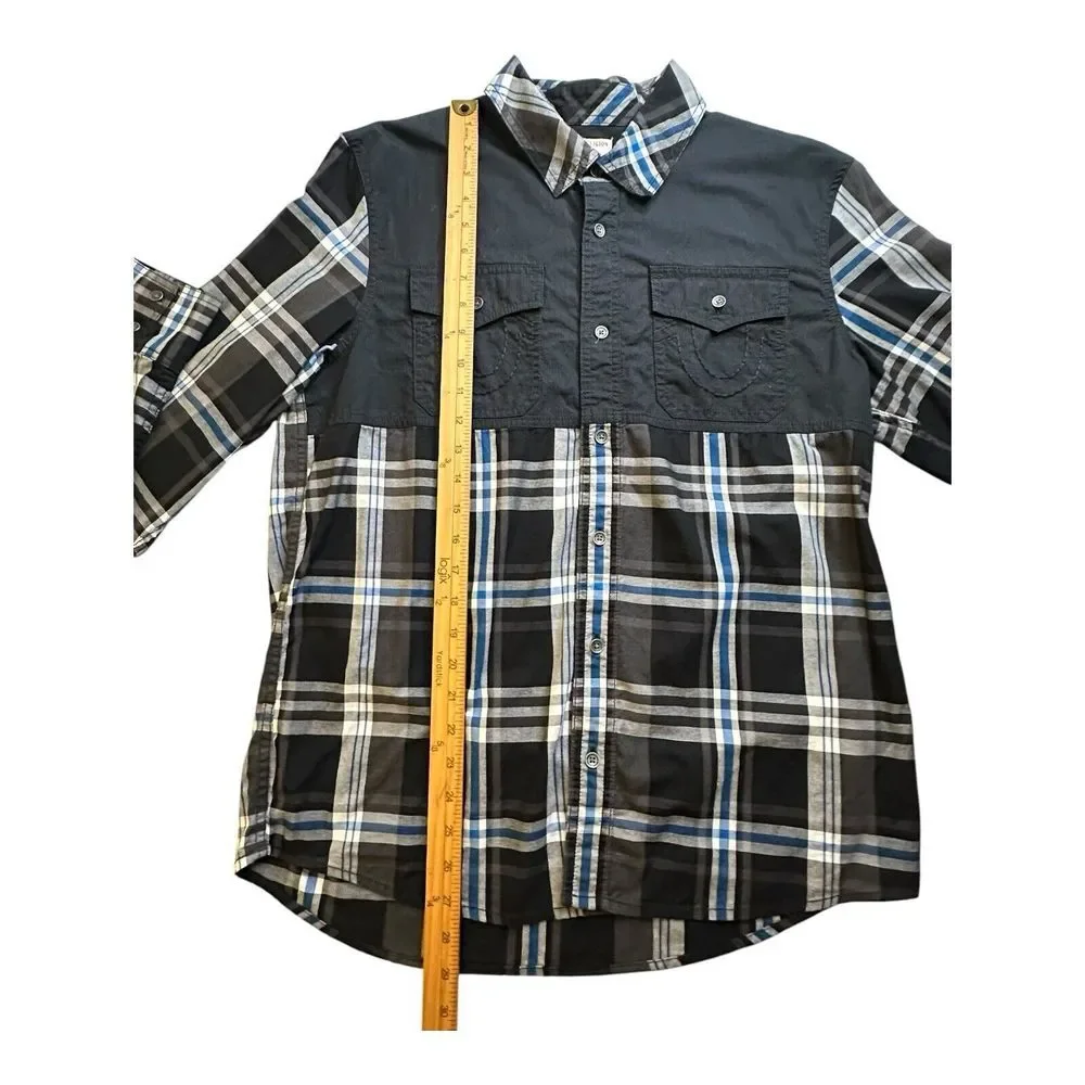 True Religion Shirt Mens‎ Medium Utility Flap Pocket Button Up Plaid Long Sleeve
